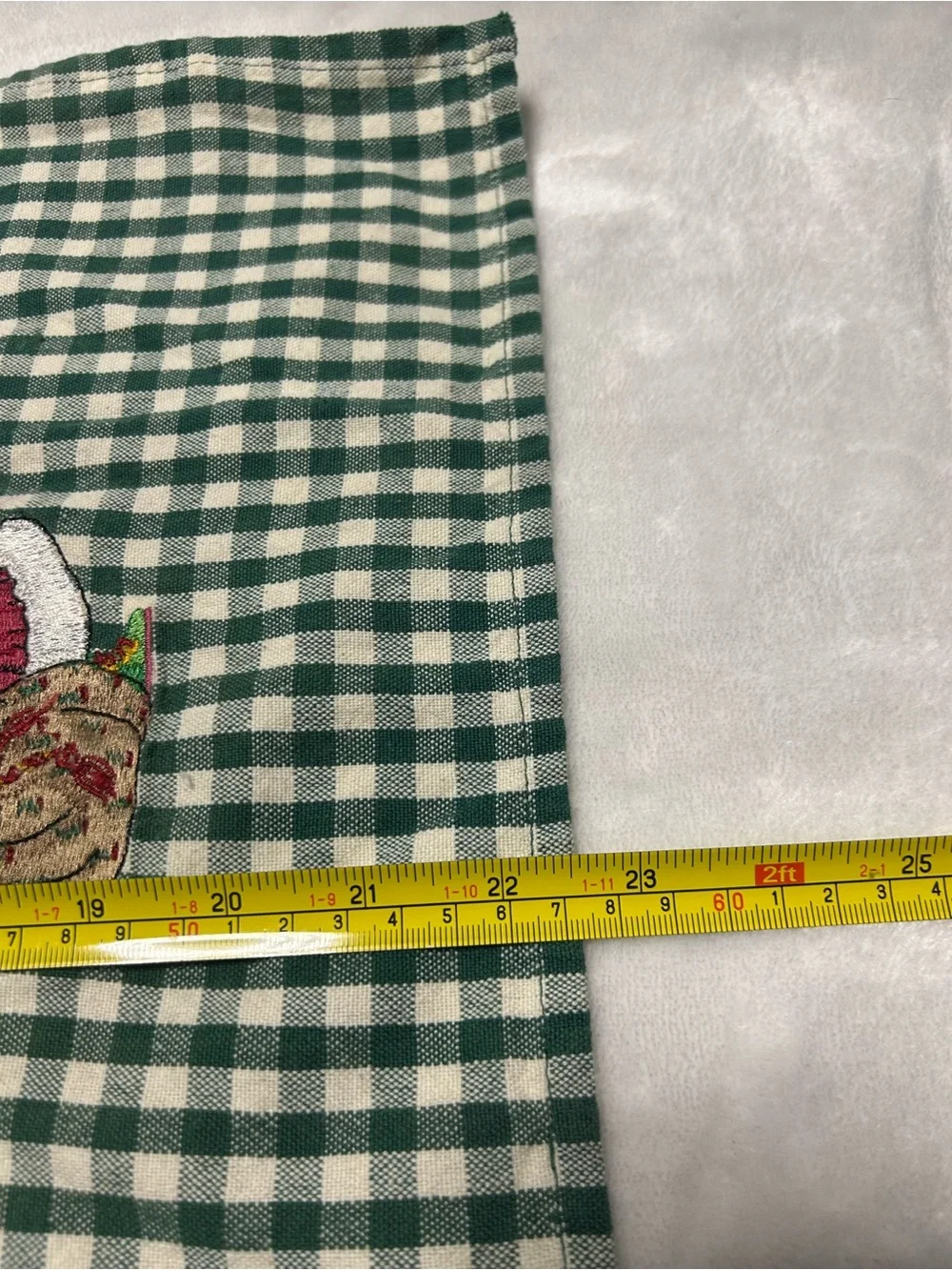 Vintage green white red gingham plaid holiday dish towel embroidered Santa Claus